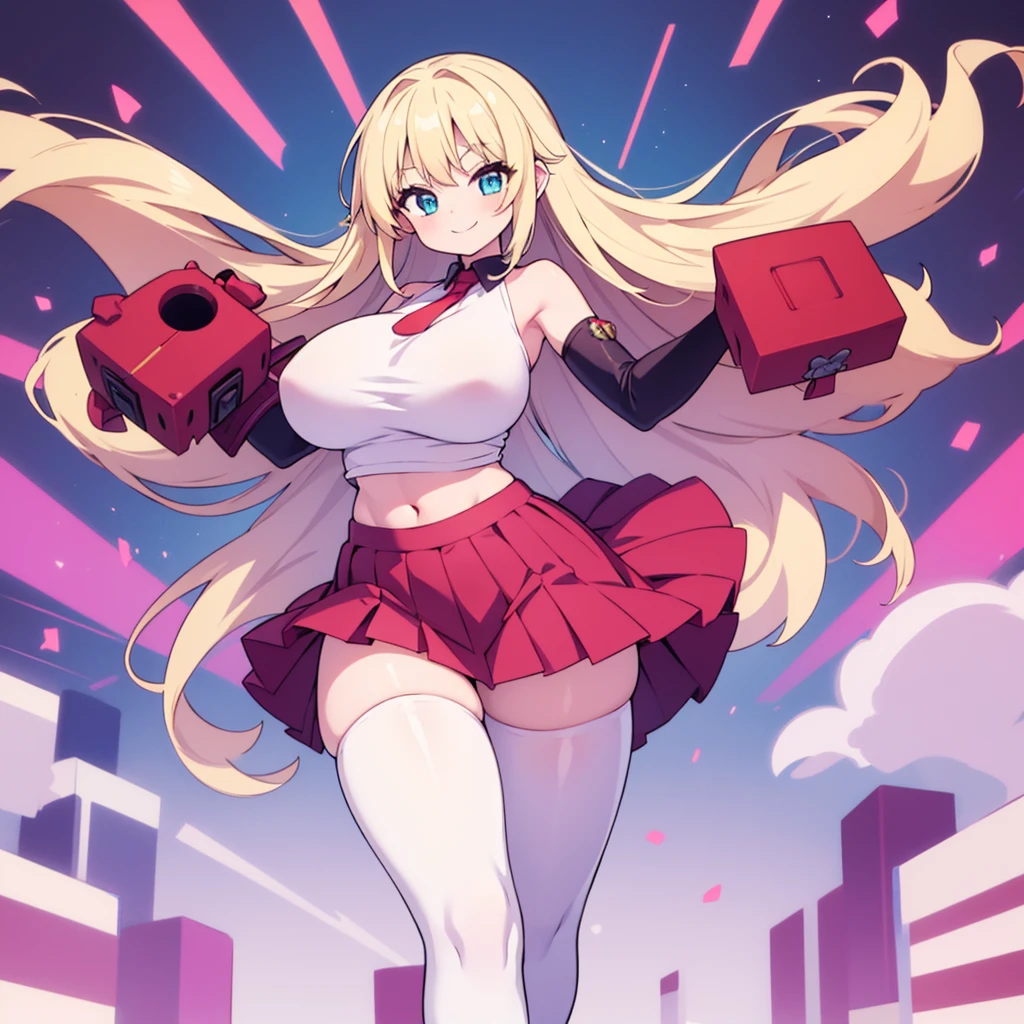 Highest quality, 1girl, solo, blonde hair, long hair, blue eyes, gigantic , thick thighs, green top, shoulderless top, standing, box pleated skirt, thigh highs, smile, wide hips, elbow gloves, sexy po belly