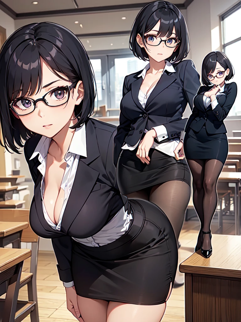 masterpiece, best quality, high definition images, atmospheric perspective, expressive eyes, perfect face, ultra detailed, solo, 1mature seductive woman sticking butt, alluring pose, female teacher, bending over, back view, black short bob hair, simple glasses, business suit, blouse, pencil skirt, tight mini skirt, spread legs, panties, curvy, thighs, pantyhose, high heals, from below, in study room,