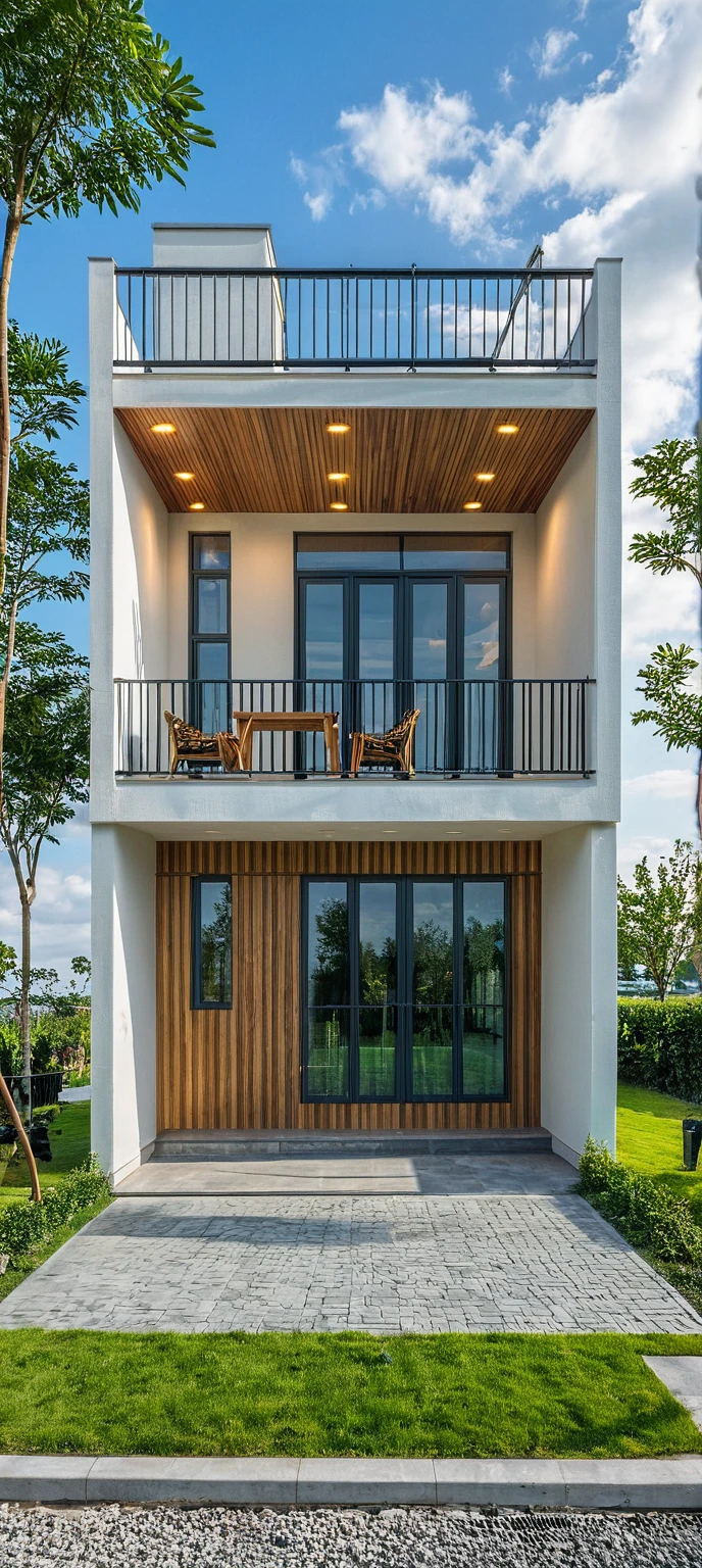 Masterpiece, high quality, best quality, authentic, super detail, outdoors, house style modern,bietthuhn, white wall, glass windows, gate road,pavement, grass, trees,blue sky, cloud, (day:1.1), realistic lighting