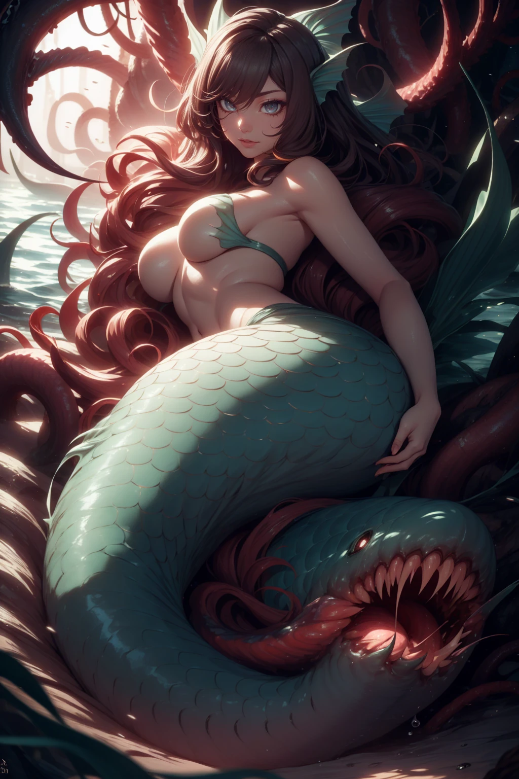 Merman woman of the seas, Unripe, Mermaid tail, sensual sexy, in the deep sea, pose movement, cores Unripes, esUnripeado