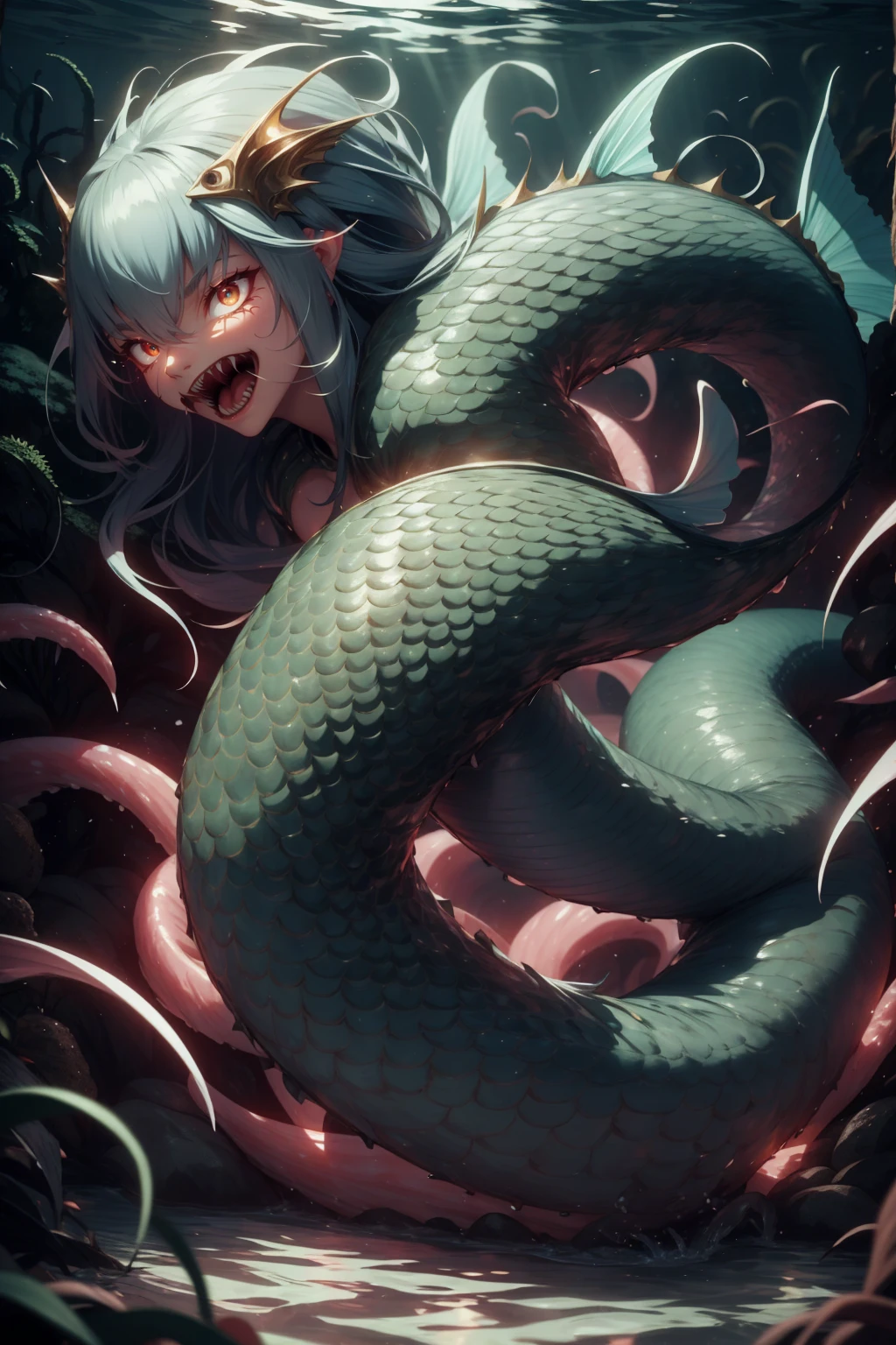 Merman woman of the seas, Unripe, Mermaid tail, sensual sexy, in the deep sea, pose movement, cores Unripes, esUnripeado