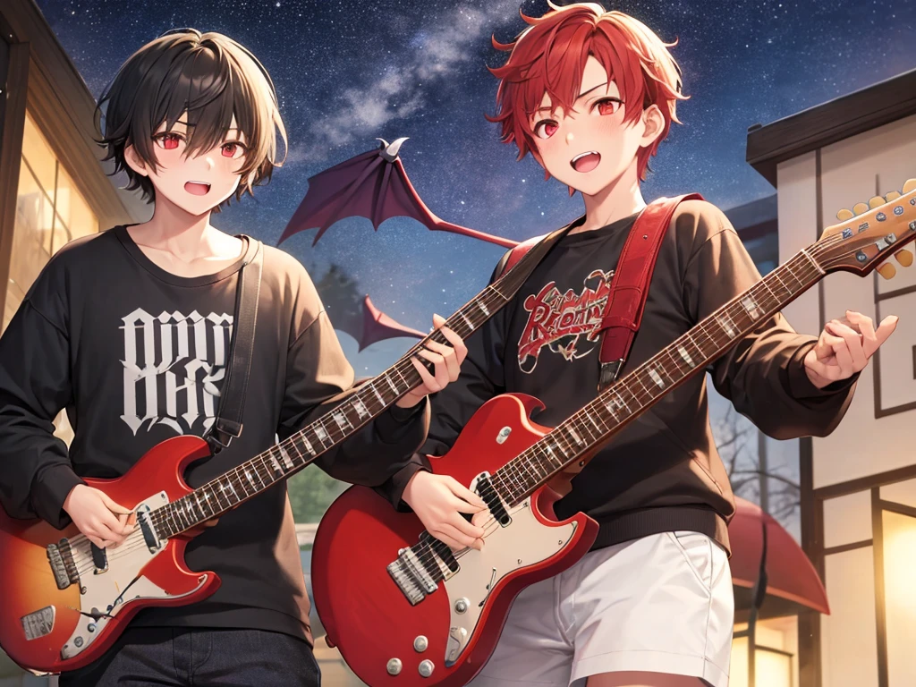 A boy with red curly hair red eyes with vampire teeth he wears a black sweatshirt he has a red guitar and he is flying in the starry sky.
