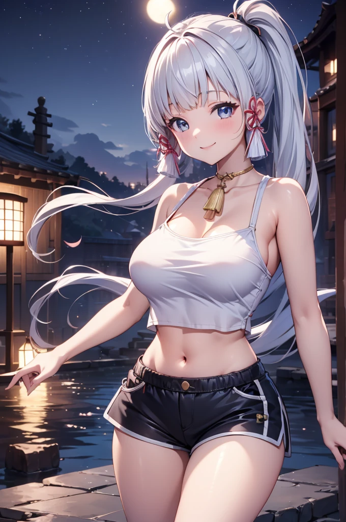 Masterpiece, high quality, 8k, ultra detail, ((kamisatoayakarnd)) standing, night,outdoors, (crop top), navel, (shorts), (off shoulders:1), choker, smile, armpit, (large breast), (nude arm)