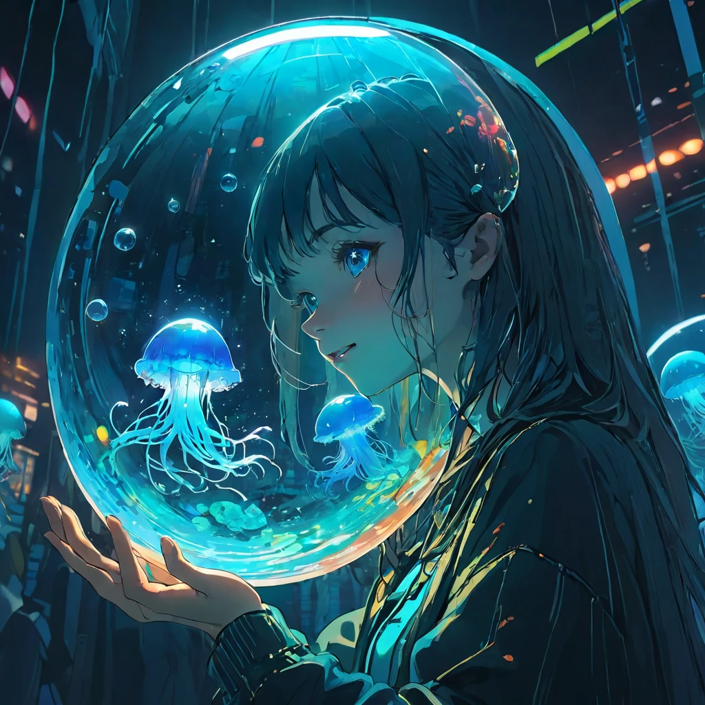 finely detailed illustration, vibrant color,High resolution、８ｋ、pretty girl、One beautiful girl、smile、Perfect and detailed eye drawing、Highest quality、masterpiece、detailed eye and face, A person holding a glass ball with a jellyfish inside, Hologram by Beeple, Trending on CGSociety, magical realism, Cyberpunk Jellyfish, Cyberpunk Blue Lens Effect, Jellyfish Shrine Maiden, Digital Artレンダリング, Artem Demra Beeple,  Spectacular concept art. Bokeh, Digital Art
