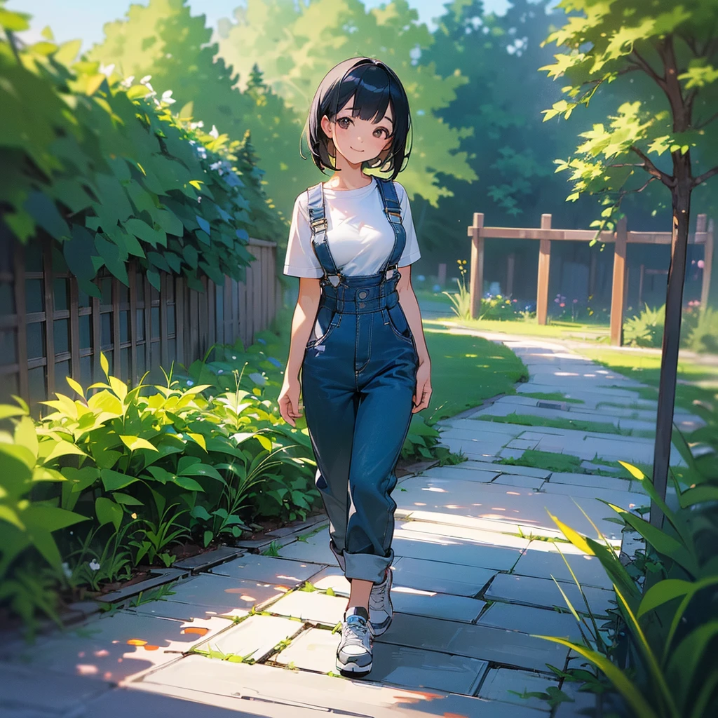 (high quality, High resolution, Very detailed, reality:1.37), Peaceful atmosphere, (Outdoor, garden), Teenage girl standing alone, (my breasts are big.), Beautiful details, Cute Smile, (Black bob hair), Short sleeve shirt, Overalls, Blue socks, sneakers.