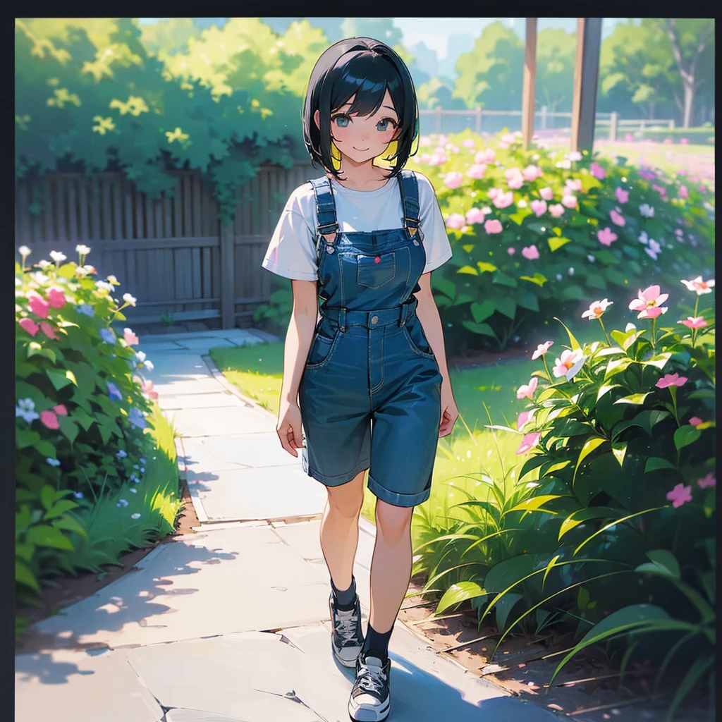 (high quality, High resolution, Very detailed, reality:1.37), Peaceful atmosphere, (Outdoor, garden), Teenage girl standing alone, (my breasts are big.), Beautiful details, Cute Smile, (Black bob hair), Short sleeve shirt, Overalls, Blue socks, sneakers.
