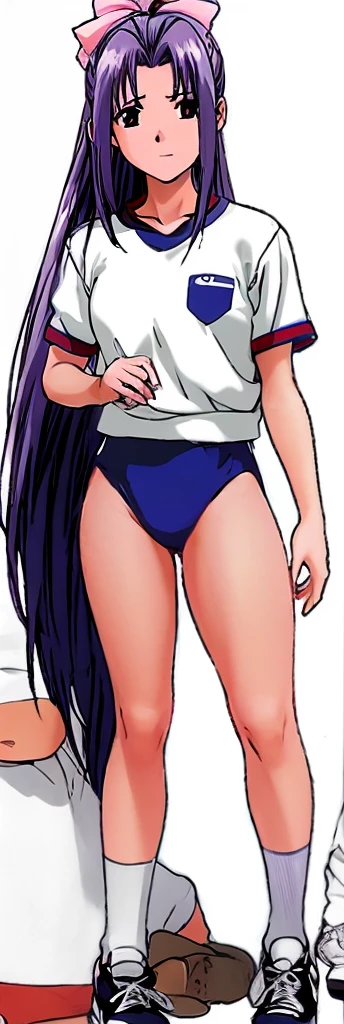 Momoko Koigakubo, a tall girl with beautiful legs, is standing with a smile on her face in a white gym uniform and light navy blue bloomers that look like panties.。Momoko Koigakubo is holding a boy in a tracksuit next to her.。