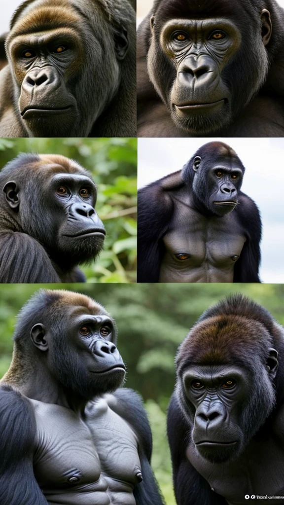 cool、Realistic gorilla、Group photo of six、Side by side