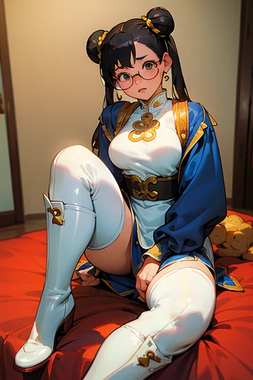 A chubby, black-haired, freckled, glasses-wearing girl dressed as Chun-Li wearing white boots and a shy expression in her room