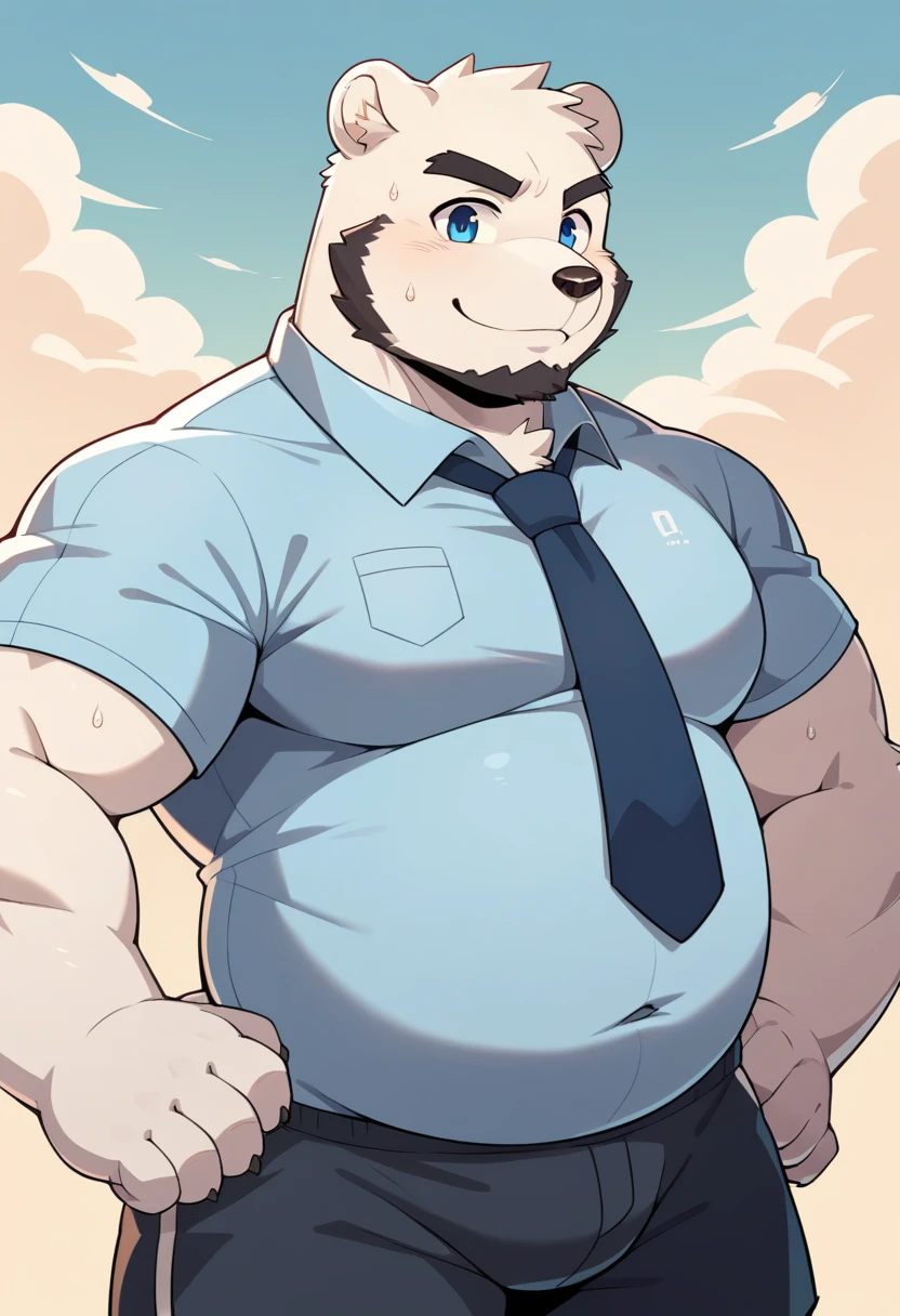 New Jersey 5 Furry,polar bear,Solitary,Wildlife,Chubby, Abdominal muscles,Thick Arms,Strong muscles,shorts,luxurious,Chubby cheeks,Black eyebrows,Sky blue eyes,beard,Smile,(Simple background),(Suit,tie),(Sweat),From zixiong, Takemoto Arashi
