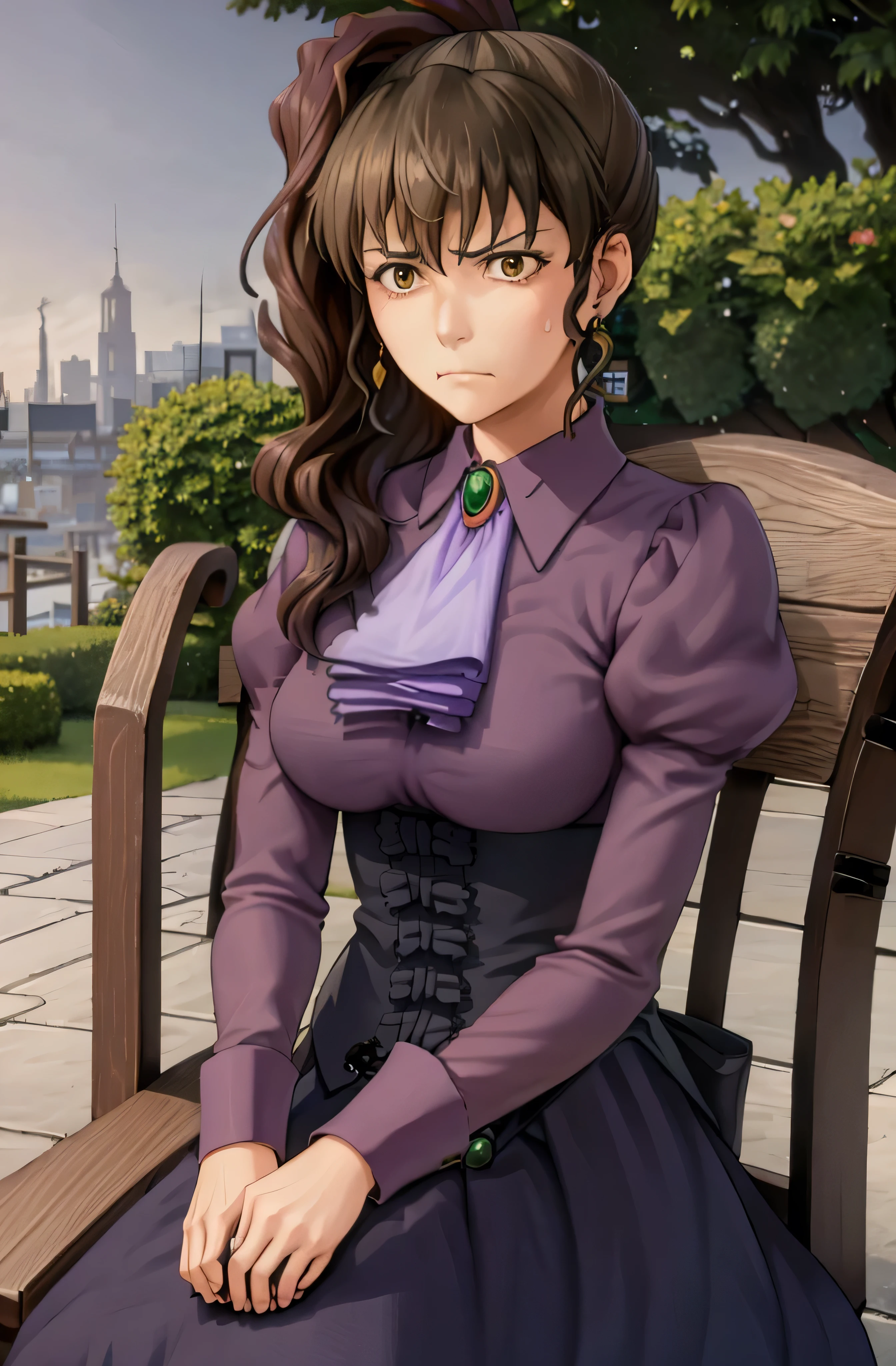 ushiromiya natsuhi, 1girl, violet dress, long dress, side ponytail, earrings, purple shirt, ascot, brooch, corset, seen from afar, serious face, sitting on a bench inside a gazebo, looking at viewer, garden full of roses around, holding a cup of tea, masterpiece, best quality, realistic, hdr