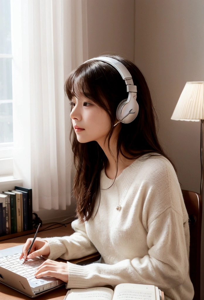 Inside a cozy room, immersed in studying, curtains are partially closed, Soft moonlight creates dancing shadows on the wall. A desk lamp casts a warm light on a desk piled with books., notebook and laptop. the person is sitting comfortably in a chair, Headphones that fit comfortably on your ears, connect her to the sonic world of her chosen music. while she was immersed in her studies、There is a faint smile on the lips, Get inspired by the notes that fill the air. fingers move in a coordinated manner, Laptop keyboard and note page switching, keep up with the rhythm of the music. The sound of music flows in smooth harmony., Create an immersive atmosphere. Each note seems to lift people&#39;s hearts., increase energy and concentration. She gently shook her head to the beat of the music., It&#39;s like being in your own world, I don&#39;t notice external worries. Music acts as a motivating force, Make study time more fun、make it exciting. The chords and lyrics blend into the calm atmosphere of the room.。, people absorb knowledge、Encouraging you to fall in love with the mystery of learning、creating a personal symphony. A scene depicting the unique fusion of solitary study and music, Transform the intimate environment of your bedroom into a learning space, and the music、Fuel your mind and spirit to achieve your academic goals。. HDR,8K,surreal,Beautiful soft light studio,vivid details,anatomical,elegant,sharp focus,studio photography,art station trends,very detailed,polarizing filter 