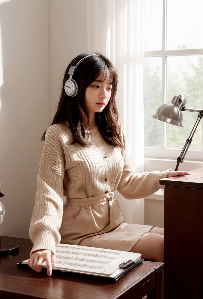 Inside a cozy room, immersed in studying, curtains are partially closed, Soft moonlight creates dancing shadows on the wall. A desk lamp casts a warm light on a desk piled with books., notebook and laptop. the person is sitting comfortably in a chair, Headphones that fit comfortably on your ears, connect her to the sonic world of her chosen music. while she was immersed in her studies、There is a faint smile on the lips, Get inspired by the notes that fill the air. fingers move in a coordinated manner, Laptop keyboard and note page switching, keep up with the rhythm of the music. The sound of music flows in smooth harmony., Create an immersive atmosphere. Each note seems to lift people's hearts., increase energy and concentration. She gently shook her head to the beat of the music., It's like being in your own world, I don't notice external worries. Music acts as a motivating force, Make study time more fun、make it exciting. The chords and lyrics blend into the calm atmosphere of the room.。, people absorb knowledge、Encouraging you to fall in love with the mystery of learning、creating a personal symphony. A scene depicting the unique fusion of solitary study and music, Transform the intimate environment of your bedroom into a learning space, and the music、Fuel your mind and spirit to achieve your academic goals。. HDR,8K,surreal,Beautiful soft light studio,vivid details,anatomical,elegant,sharp focus,studio photography,art station trends,very detailed,polarizing filter