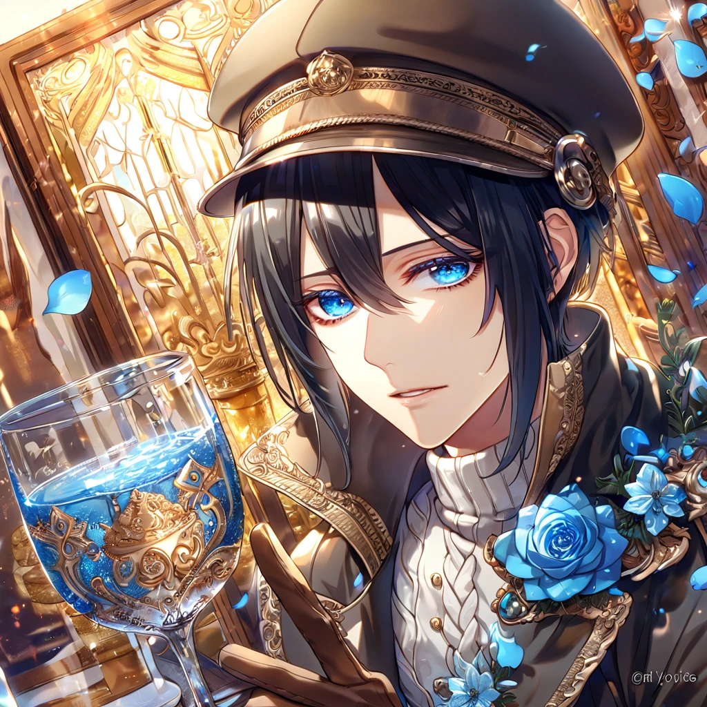 absurdres, highres, ultra detailed, HDR, master piece, best quality, extremely detailed, Yoite, black hair, expressive blue eyes, Nabari No Ou, solo, sexy man, handsome, black trench coat, white sweater, light brown beige cap, brown gloves, magical, fantasy, glittering, sparkling, glass, blue flowers, blue petals, water, blue moon