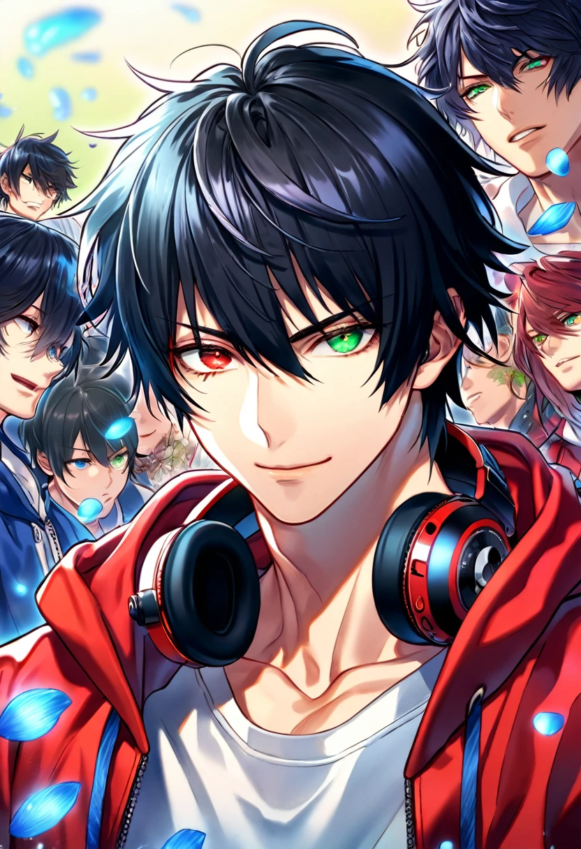 absurdres, highres, ultra detailed, HDR, master piece, Yamada Ichiro, black hair, heterochromia, expressive right red eye, left green eye, red jacket with a hoodie, a red pair of headphones around his neck, white shirt, Hypnosis Mic, sexy man, mole under his right eye, handsome, best quality, blue moon, flowers, fantasy, magical, solo, water, blue shining fireflies, blue petals, handsome smile
