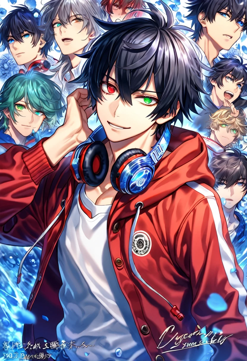 absurdres, highres, ultra detailed, HDR, master piece, Yamada Ichiro, black hair, heterochromia, expressive right red eye, left green eye, red jacket with a hoodie, a red pair of headphones around his neck, white shirt, Hypnosis Mic, sexy man, mole under his right eye, handsome, best quality, blue moon, flowers, fantasy, magical, solo, water, blue shining fireflies, blue petals, handsome smile