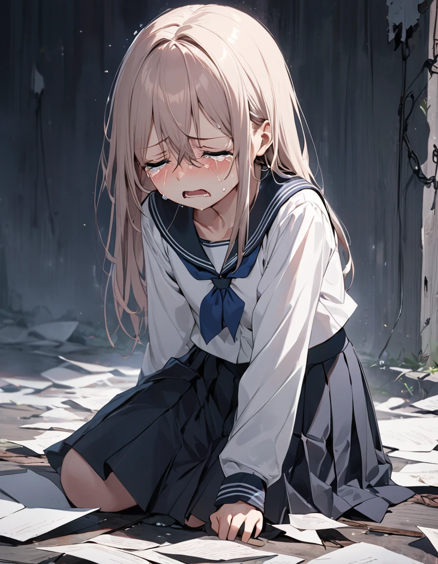 BREAK Perfect Anatomy、(High resolution:1.2)、Incredible illustrations、(Cute illustrations:1.2)、(Beautiful background) (a girl, 1.5meters, 40kg),,17-year-old,flat chest)(despair:2.0,tears:2.5)(school uniform,skirt)A female student stands there clutching a letter
