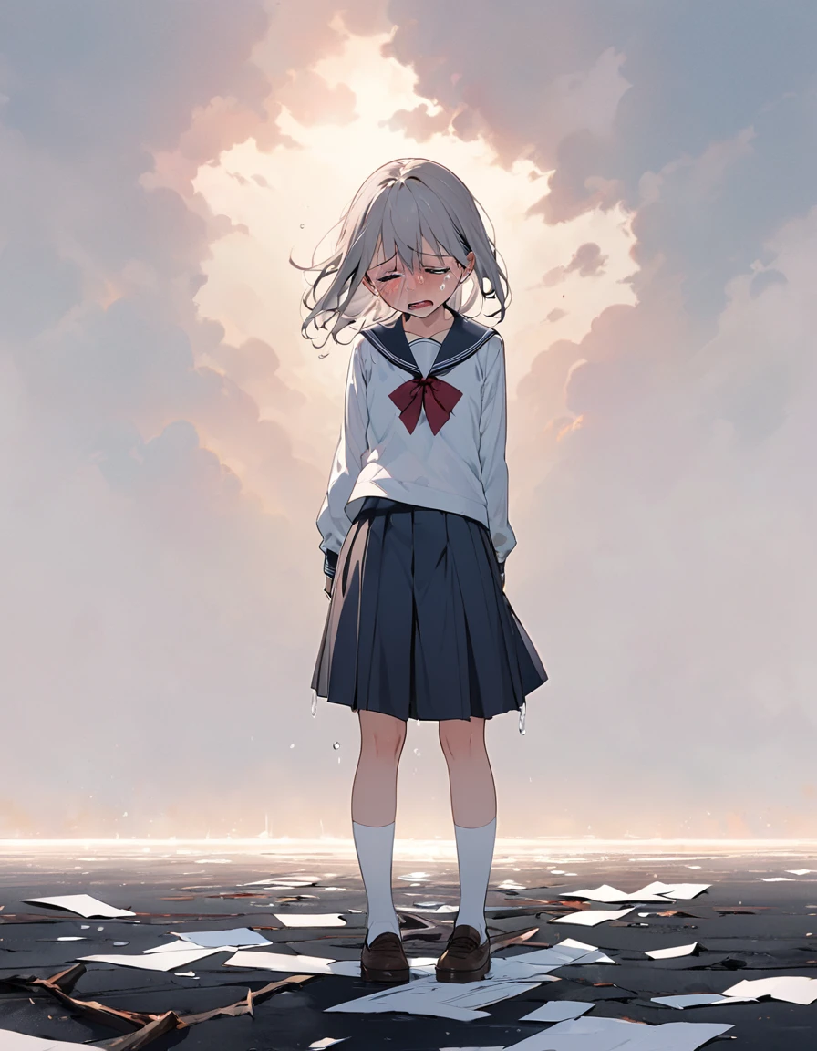 BREAK Perfect Anatomy、(High resolution:1.2)、Incredible illustrations、(Cute illustrations:1.2)、(Beautiful background) (a girl, 1.5meters, 40kg),,17-year-old,flat chest)(despair:2.0,tears:2.5)(school uniform,skirt)A female student stands there clutching a letter