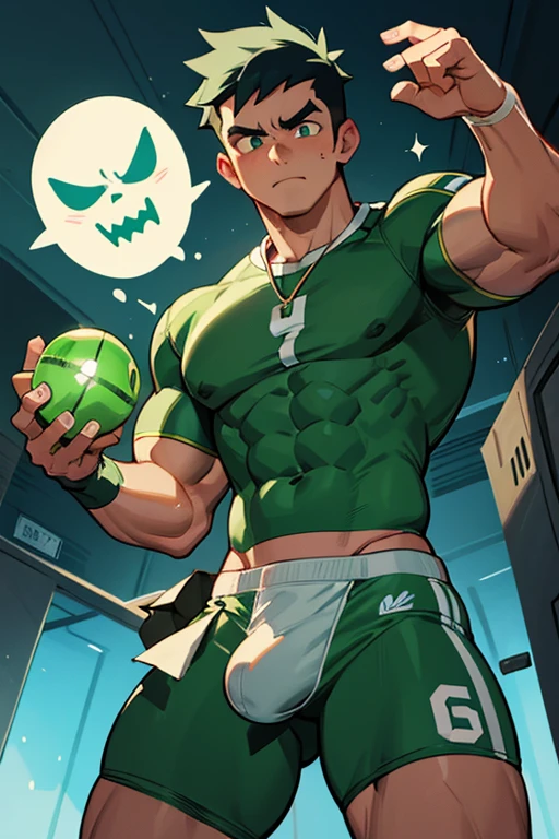 Danny Phantom, ghost, hypnosis, jock, conversion, locker room, hyper muscles, jockstrap, bro, meathead, hypnotized, brainwashed, brainwashing, big dumb jock, football. Danny Fenton is hypnotized by Dash to become another dumb football jock bro. Glowing green eyes. Hyper crotch bulge. Big biceps. Big triceps. Big traps. Broad shoulders. Big meaty pecs. Big thighs. Thick glutes. Football team assimilation. "Me? On the football team? With DASH? Are you crazy?! I would–! I would—! I ... I ... WOULD LOVE TO, BRO. Why didn't you ask me sooner...?" glazed expression. dumber and dumber. Dash sneers at him while he holds a glowing football whistle surrounded by a green aura in his hand.