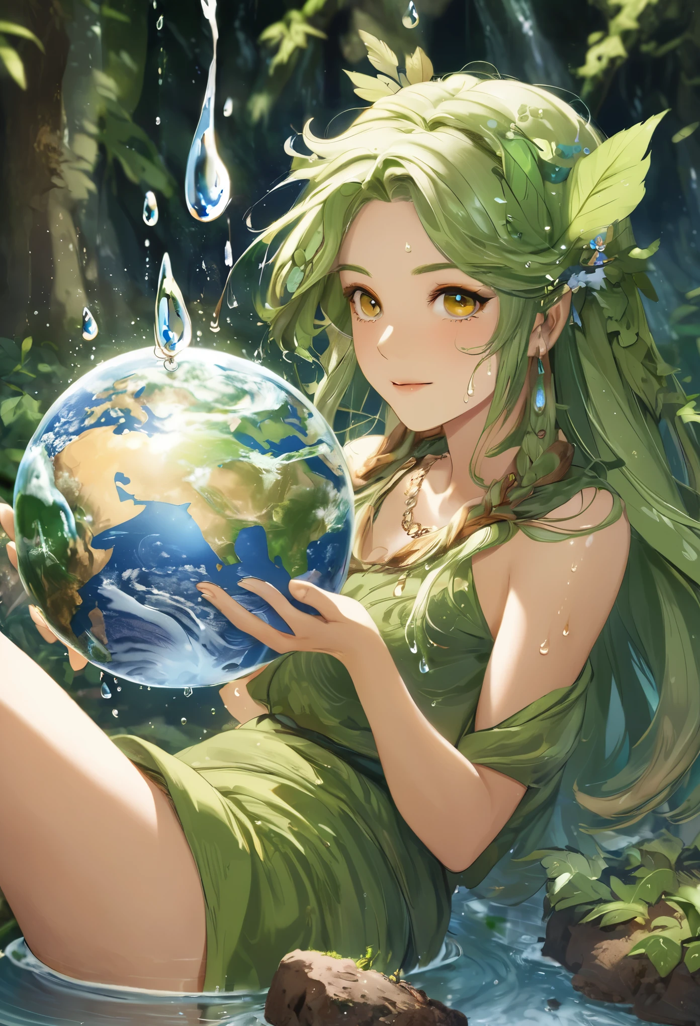 One girl, Female Earth Spirit, Earth-colored hair, Internal soil springs, Put a few drops of earth water on your skin,