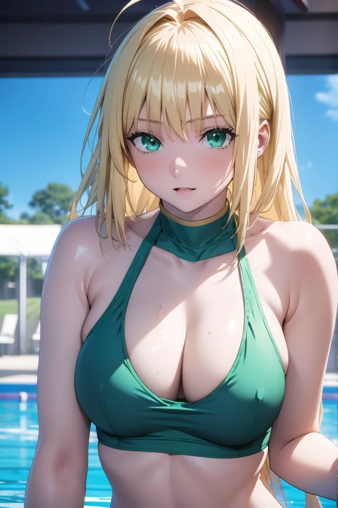 1girl,masterpiece, best quality, high resolution, green eyes, blue school swimsuit, school swimsuit, big breasts, nice breasts, pretty, blonde hair, blonde, ahoge hair swimming pool, pool :o