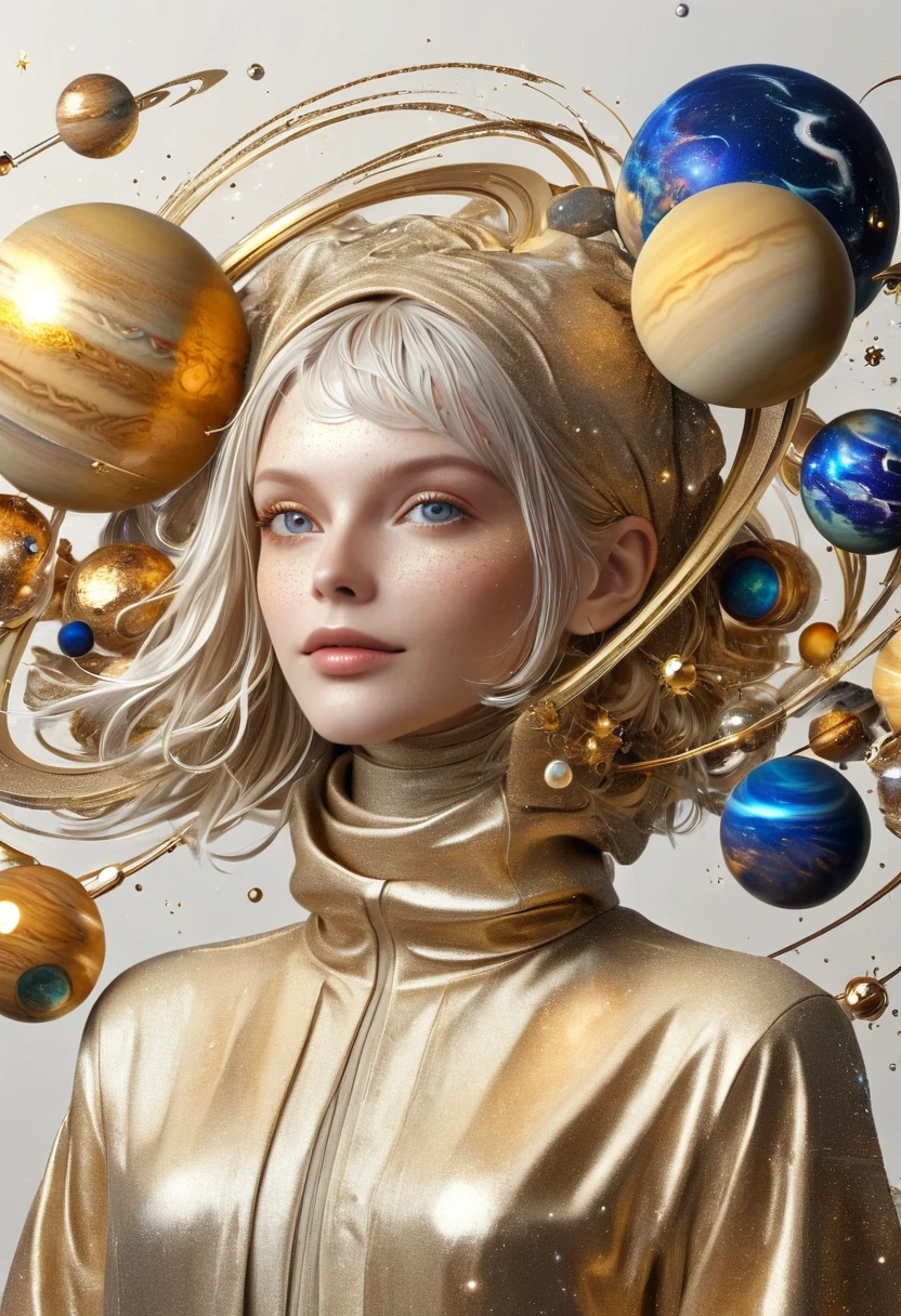 A very detailed and complex 3D portrait of a person, golden, Surrounded by many orbiting planets,Planetary decoration complex, Studio Lighting, White background,Simple and clean,Light and Shadow,