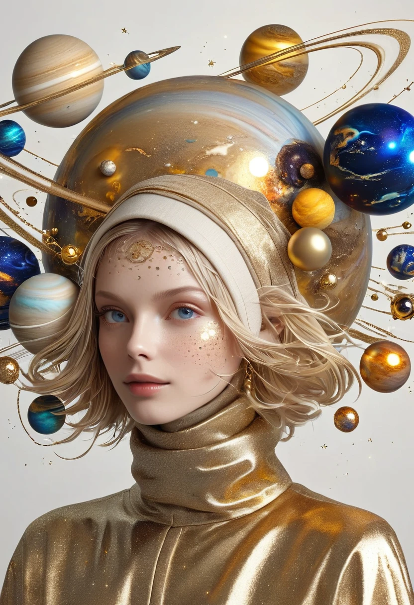 A very detailed and complex 3D portrait of a person, golden, Surrounded by many orbiting planets,Planetary decoration complex, Studio Lighting, White background,Simple and clean,Light and Shadow,