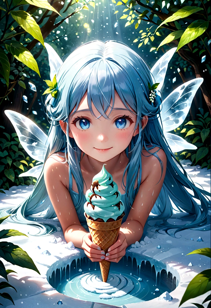 1girl, ice fairy, chocolate mint ice cream, girl buried in ice, light blue hair, long hair, light blue eyes, smiling, scattered light particles, shimmering, light shower, fantastical atmosphere, best quality, 4k, 8k, highres, masterpiece:1.2, ultra-detailed, realistic, photorealistic, photo-realistic:1.37, HDR, UHD, studio lighting, ultra-fine painting, sharp focus, physically-based rendering, extreme detail description, professional, vivid colors, bokeh