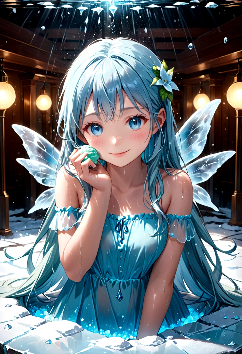 1girl, ice fairy, chocolate mint ice cream, girl buried in ice, light blue hair, long hair, light blue eyes, smiling, scattered light particles, shimmering, light shower, fantastical atmosphere, best quality, 4k, 8k, highres, masterpiece:1.2, ultra-detailed, realistic, photorealistic, photo-realistic:1.37, HDR, UHD, studio lighting, ultra-fine painting, sharp focus, physically-based rendering, extreme detail description, professional, vivid colors, bokeh
