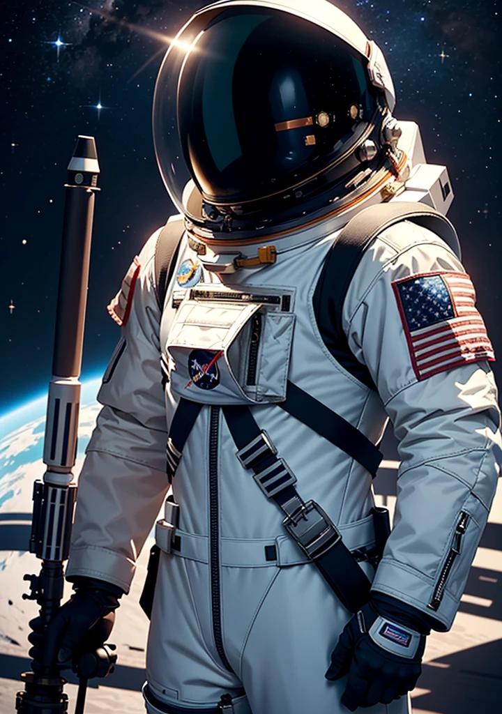 Create a detailed illustration of an astronaut standing upright, facing forward. The astronaut should be wearing a sleek, modern spacesuit with visible helmet details, including a reflective visor. The suit should feature prominent NASA insignia on the chest and American flag patches on the shoulders. The gloves and boots should be sturdy and functional, with visible joints and textural details. The astronaut's posture should convey confidence and readiness, with one hand resting on a futuristic tool belt at the waist. The background should be a starry sky with distant planets faintly visible. Ensure the lighting emphasizes the contours and textures of the spacesuit, creating a sense of depth and realism.