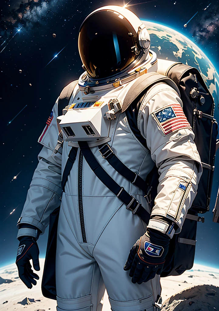 Create a detailed illustration of an astronaut standing upright, facing forward. The astronaut should be wearing a sleek, modern spacesuit with visible helmet details, including a reflective visor. The suit should feature prominent NASA insignia on the chest and American flag patches on the shoulders. The gloves and boots should be sturdy and functional, with visible joints and textural details. The astronaut's posture should convey confidence and readiness, with one hand resting on a futuristic tool belt at the waist. The background should be a starry sky with distant planets faintly visible. Ensure the lighting emphasizes the contours and textures of the spacesuit, creating a sense of depth and realism.