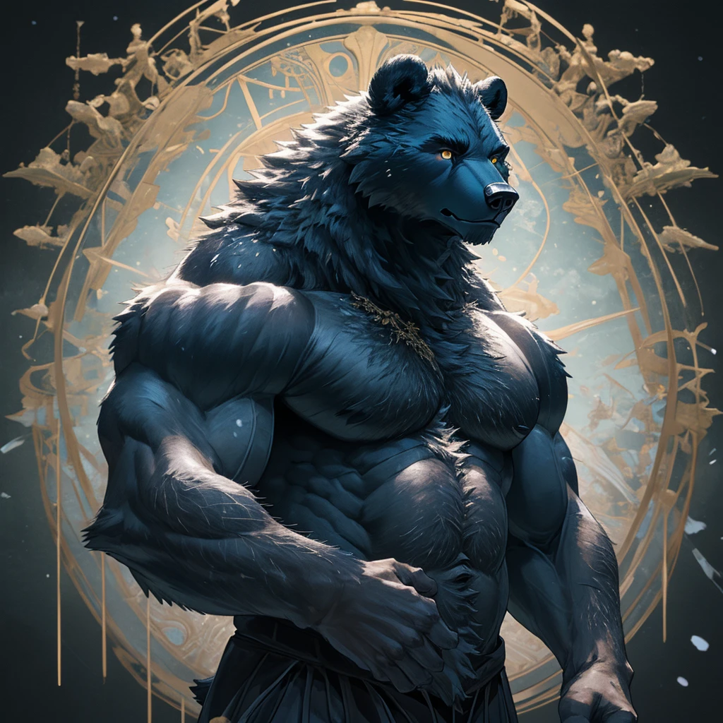 Capricorn black bear naked upper body hairy delicate muscles majestic (Golden eyes sparkle)The background is the endless winter Siberia, Wild and domineering , Huge muscles, Black bear with ripped abdominal muscles