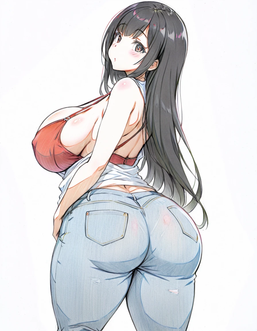 1woman,solo,,matuale,medium long hair,black hair,asymmetrical bangs,black eyes,plump,large breasts, od_white_t-shirt,red_bra_under_shirt:0.6,bra_visible_through_clothes,skin-tight_denim-pants,standing,leaning_forword,bare_one_shoulder,looking_back,back,from_behind,from_below,