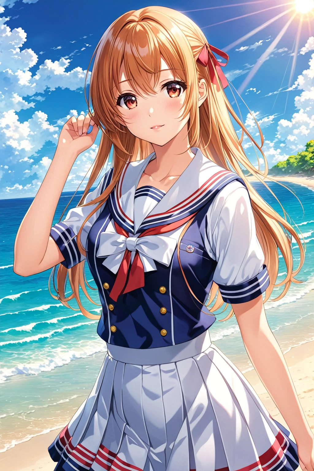 (Ultra-detailed illustrations:1.2),Anime Girls in sailor outfit standing on beach with sun shining,  Cute girl anime visuals, Beautiful anime school girl,  Smooth anime CG art, maAlso kitagawa fanart, Official Artwork, attractive Anime Girls, (Anime Girls), Also, Official Art, Fine details. Girls&#39; Frontline, Anime Best Girl, portrait Anime Girls