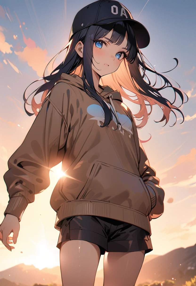1 girl, long hair, black hair, straight hair, short bangs above brows, blue eyes, hand on head wear
BREAK (masterpiece), (high resolution 8K), cinematic lighting, professional lighting, detailed eyes and face, detailed body, 
BREAK hoodie, shorts, cap, 
BREAK outdoors, sunbeam, cowboy shot, 