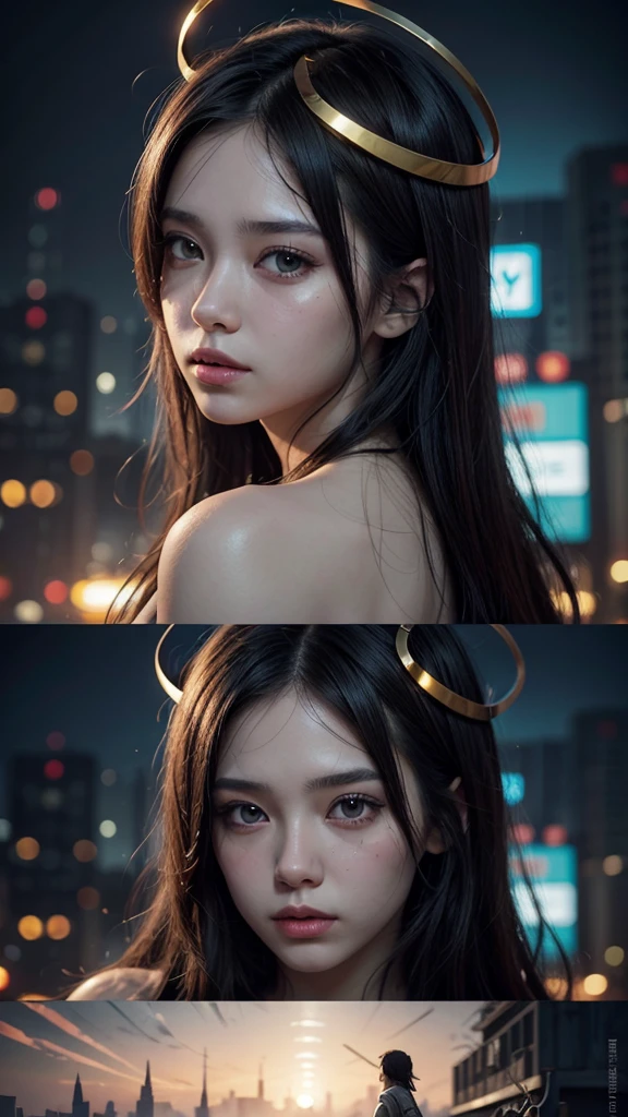 
a close up of a person with a halo on their head, cyberpunk art by Yuumei, pixiv contest winner, fantasy art, digital art on pixiv, anime art wallpaper 4 k, anime art wallpaper 4k, anime art wallpaper 8 k, ross tran style, 4 k manga wallpaper, beautiful anime artwork, ross tran!!!, digital anime art