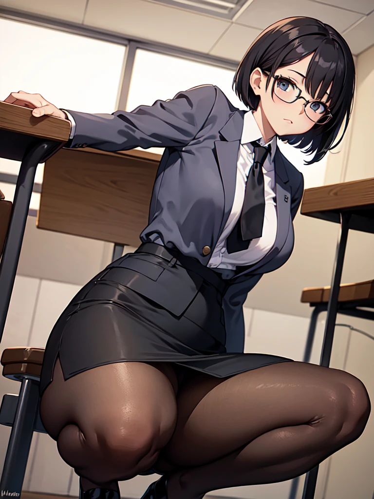masterpiece, best quality, high definition images, atmospheric perspective, expressive eyes, perfect face, ultra detailed, solo, 1mature seductive woman sticking butt, alluring pose, female teacher, bending over, back view, black short bob hair, simple glasses, business suit, blouse, pencil skirt, tight mini skirt, spread legs, panties, curvy, thighs, pantyhose, high heals, from below, in study room,