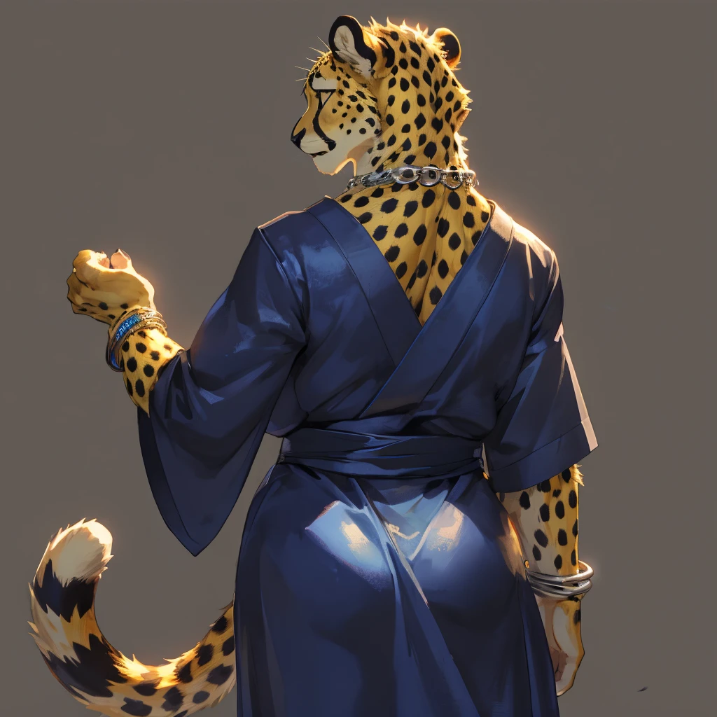 Solo, female, fat, cheetah, golden yellow, golden yellow cheetah, cheetah in underwear, black underwear, cheetah ears, from back, back view, posing, with long tail, tail, cheetah tail, cheetah, cheetah tail, anatomy, good anatomy, perfect anatomy, female anatomy, perfect body, ((focus body, furry focus, shadows focus, body shadows)) nice body, standing, posing, model, light, shades, 4k, high quality (((gray background, gray wallpaper, one color))), by darkgem, by mystikfox61, Female cheetah, fat, fat belly, fat thighs, fat arms, lovehandles, big breasts, silver eyes, golden yellow fur, black cheetah markings, blue kimono, silver earrings, silver bracelets, silver rings, silver necklaces, silver dress,