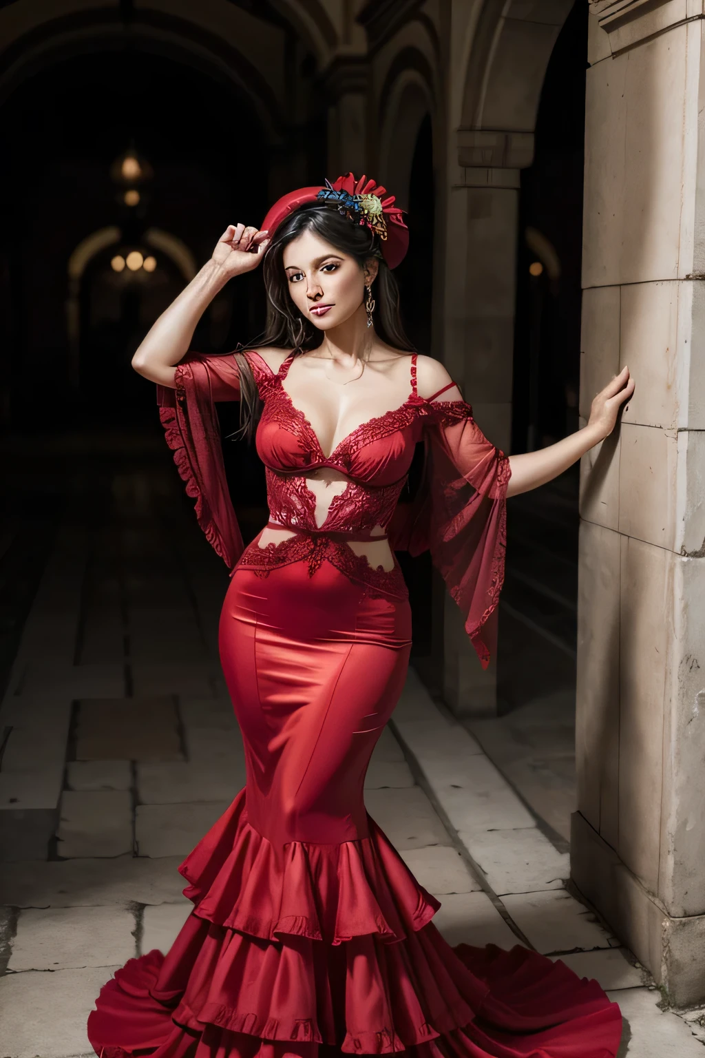 40 year old woman flamenco dancer, redgown.