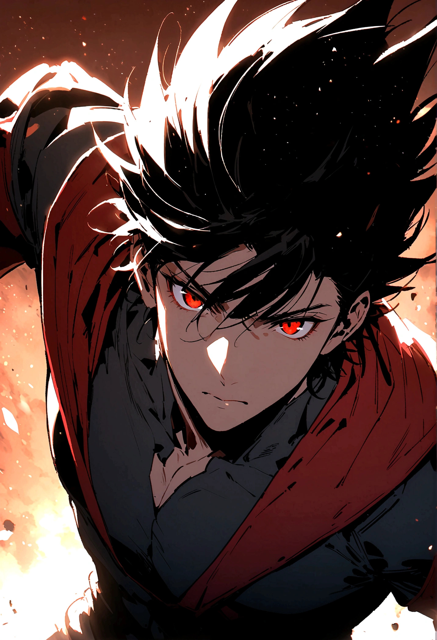 masculine man, high , muscular , armadura negra de metal sin casco y capa de color rojo, short black hair combed back and Red eyes ,24 years old