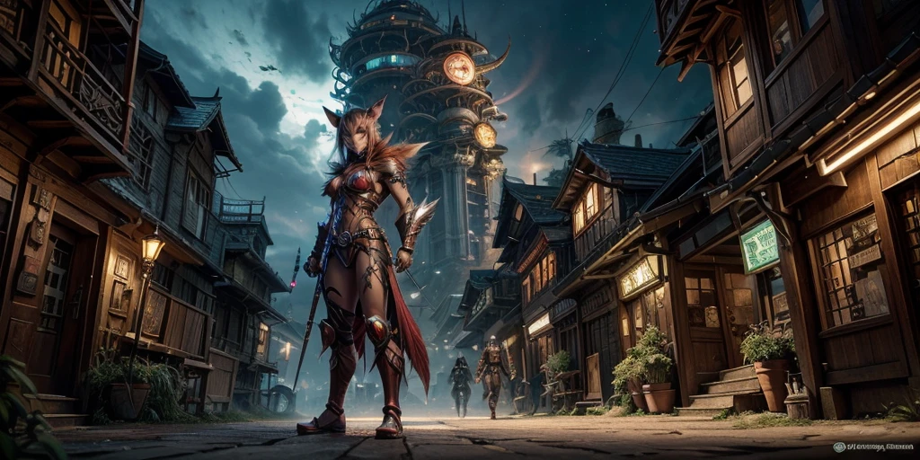 Ancient anime style, artbook, comicbook, RPG, futuristic medieval. Goblin fox warrior, dark red skin, with human face with light red glowing tribal magical tattoos, goblin base with fox features, neon details, with technological tribal armor with glowing magical markings, full body, bare feet, spear with magical markings shiny. Epic scene, wide and deep scenery, with several depth planes, stylish and dynamic pose. In the middle of a magical steampunk technological village, mixing technology and vegetation, buildings with neon details and glowing magical vegetation, magical technological airships with shiny details inspired by ships flying in the sky.