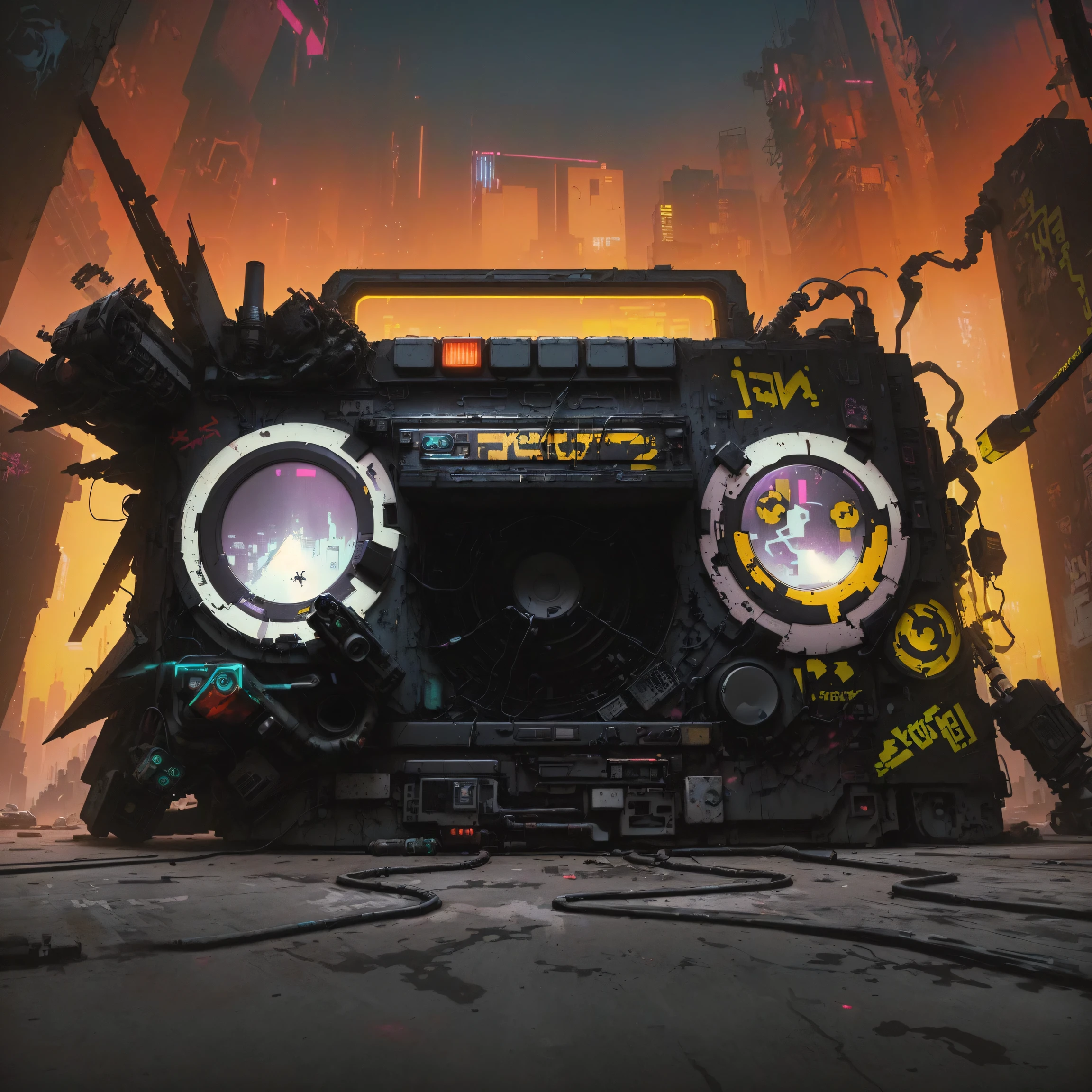 there is a boombox with a bunch of graffiti on it, album art, boombox, official artwork, album cover concept art, background artwork, cyberpunk theme, cyberpunk themed art, apocalyptic vibes, cyberpunk digital painting, cyberpunk art style, cyberpunk artstyle, cyberpunk atmosphere, grungy dystopia, album artwork, artwork, cyberpunk vibes, promotional artwork, concept artwork