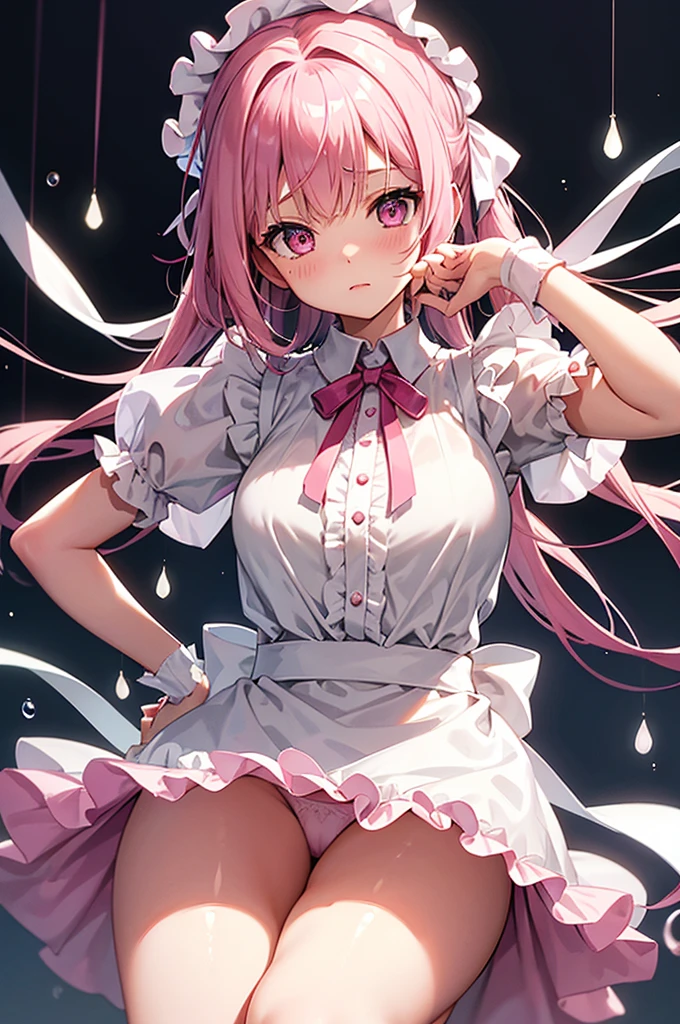 Highest quality、Shiny silk short sleeve puff sleeve pink maid outfit、See-through、very, very short skirt、Giant ribbon、A short white ruffled apron、Garter belt with ribbon、Pink high heels with ribbon、Large headband with ribbon、Flushed Cheeks、Embarrassed look、Pure white underwear、Pull up your skirt、Raindrops、storm、Stand on a chair and stretch、Looking up from directly below、Tie with string