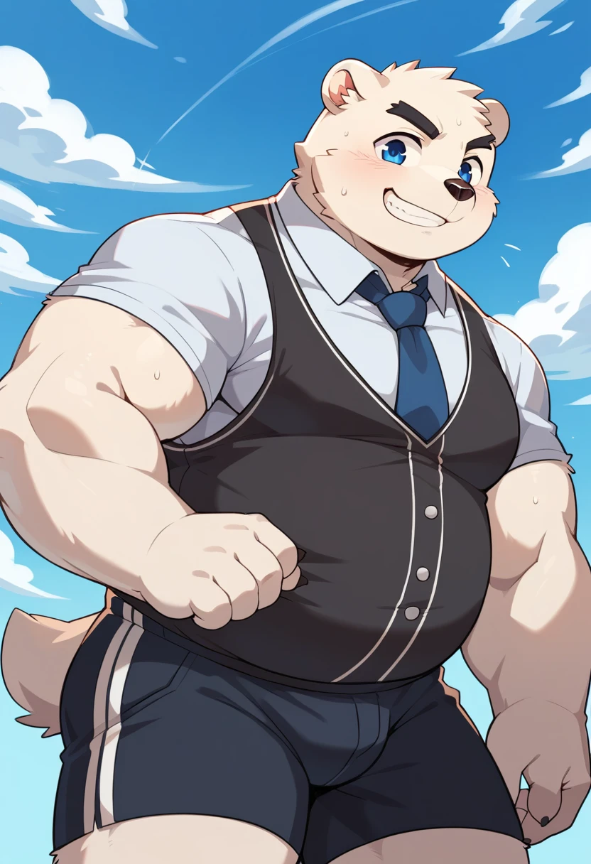 New Jersey 5 Furry,polar bear，Solitary，Wildlife，Chubby, Abdominal muscles，Thick Arms，Strong muscles，shorts，luxurious，Chubby cheeks，Black eyebrows，Sky blue eyes，young，Smile，（Simple background），（Suit，tie），（Sweat）,From zixiong, Takemoto Arashi