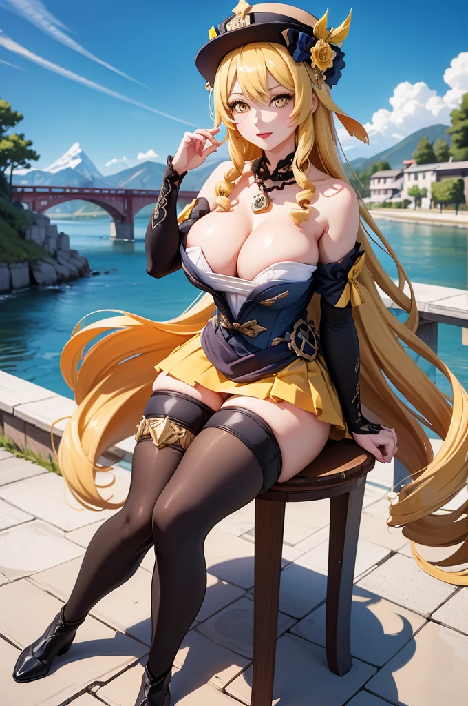 Navia Genshin Impact, anime style, wide look, candid, (masterpiece:1.35),(bestquality:1.4),8k,ultra-detailed,photography,(ultra-realistic:1.4),film grain,Fujifilm XT3, 1girl, adult, (sexy Asian female:1.45), solo, female focus, open skirt, long Hair, yellow hair, Seductive Smile, (yellow eyes), (breast cleavage), two legs, smooth thighs cleavage, armpit, hand pose, red lips, (wear stocking)!!, wear hat stand up on bridge, There are birds in the sky，There are butterflies in front，Snowy mountains in the back，The sky is blue，Flowers in hand, Detailed Eyes, Detailed Eyes, Realistic eyes, detailed shadows, look out the mountain, detailed lighting, (detailed hair), realistic hair, realistic lighting, realistic shadows, realistic clothing), realistic skin, (gun on the waist: 1), realistic light reflection from above, (correct anatomically)!!!, full nude, long leg, full body, bare shoulders