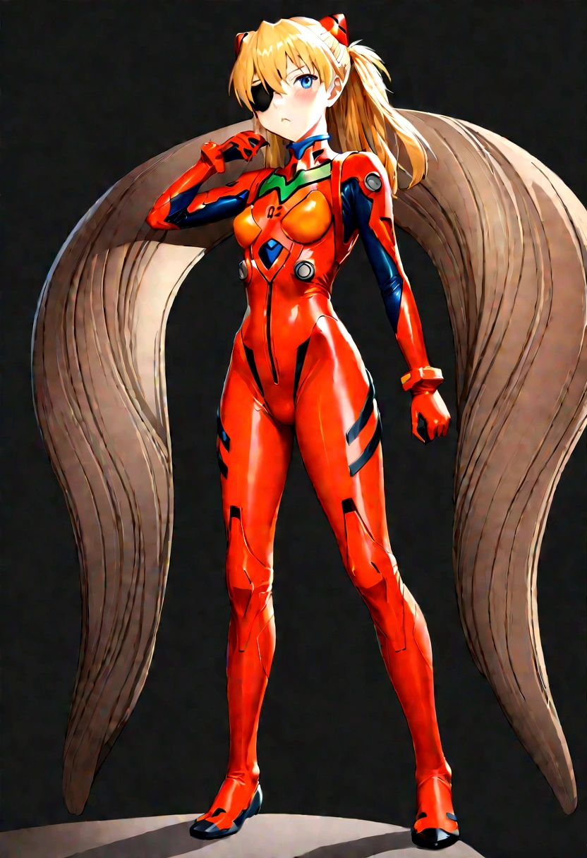 (masterpiece:1.4、Highest quality)、(Intricate details)、Unity8k wallpaper、Super detailed、Beautiful and mysterious、Detailed Background、Hentai Realism、alone、Perfectly detailed face、Detailed blue eyes、Very detailed、Blushed、hair ornaments、Chignon Mahogany Hair、(Blonde)、Plug Suit 02,Shikinami Asuka Langley、Evangelion、A slim 15-year-old girl、Black eye patch on left eye、Full Body Suit、Black Background、On the waist、pirate hat、Red Box、Red jersey、White lines on arms，The pants aren&#39;t completely off