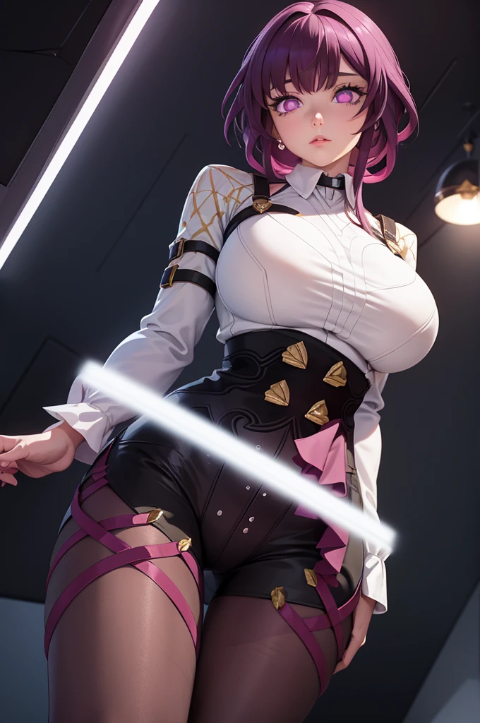 Masterpiece level, highest quality assurance, highlighting the image of 1 girl, official style, fantastic purple eyes and hair, elastic skin, moderate medium shot, looking directly at the audience, clear picture and vignetting effect, detailed and charming eyes (pureerosface_v1:0.5), extremely provocative action, intense star track background, bustling cross-legged, arrogant bangs, horror apocalyptic background, the same color of left and right eyes, (from below:1.5), (one girl:1.5)