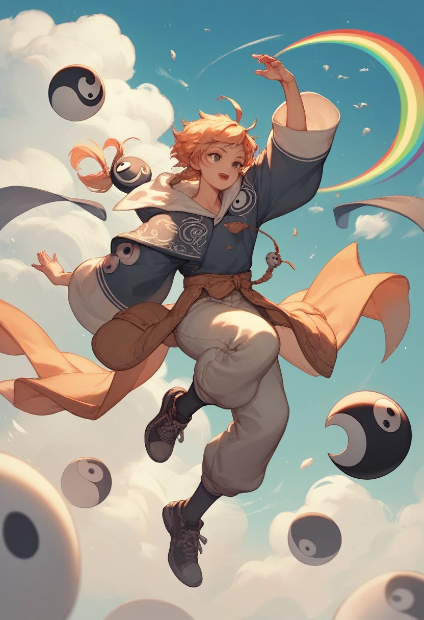 A completely gray humanoid figure, in tpose, floating in the sky, with several rainbows around him, and a Ying Yang symbol on his head.