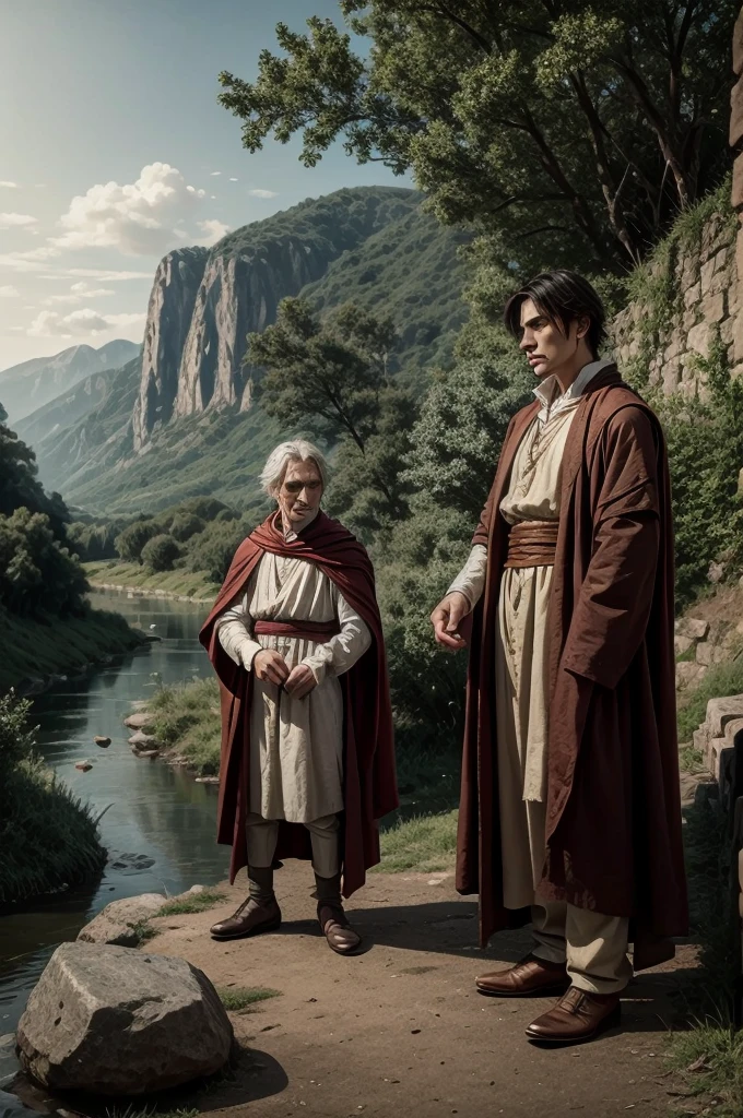 a detailed portrait of Dante Alighieri and Virgil standing by a river, observing a boat approaching the shore, the boat carrying many people, intricate details, high quality, photorealistic, dramatic lighting, cinematic composition, muted color palette, Renaissance inspired. standing by a river,