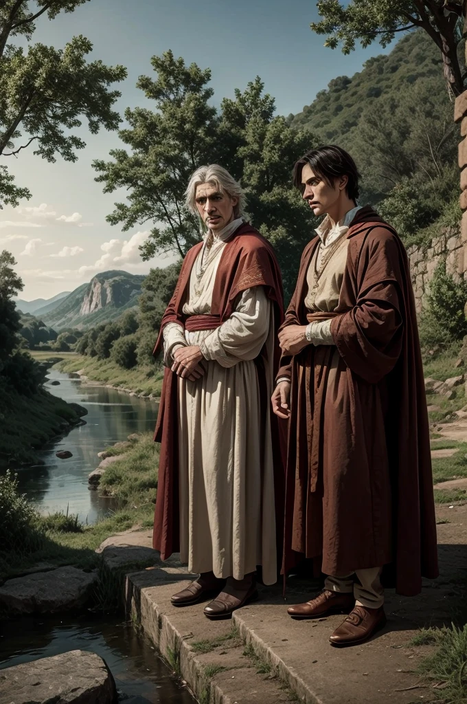 a detailed portrait of Dante Alighieri and Virgil standing by a river, observing a boat approaching the shore, the boat carrying many people, intricate details, high quality, photorealistic, dramatic lighting, cinematic composition, muted color palette, Renaissance inspired. standing by a river,